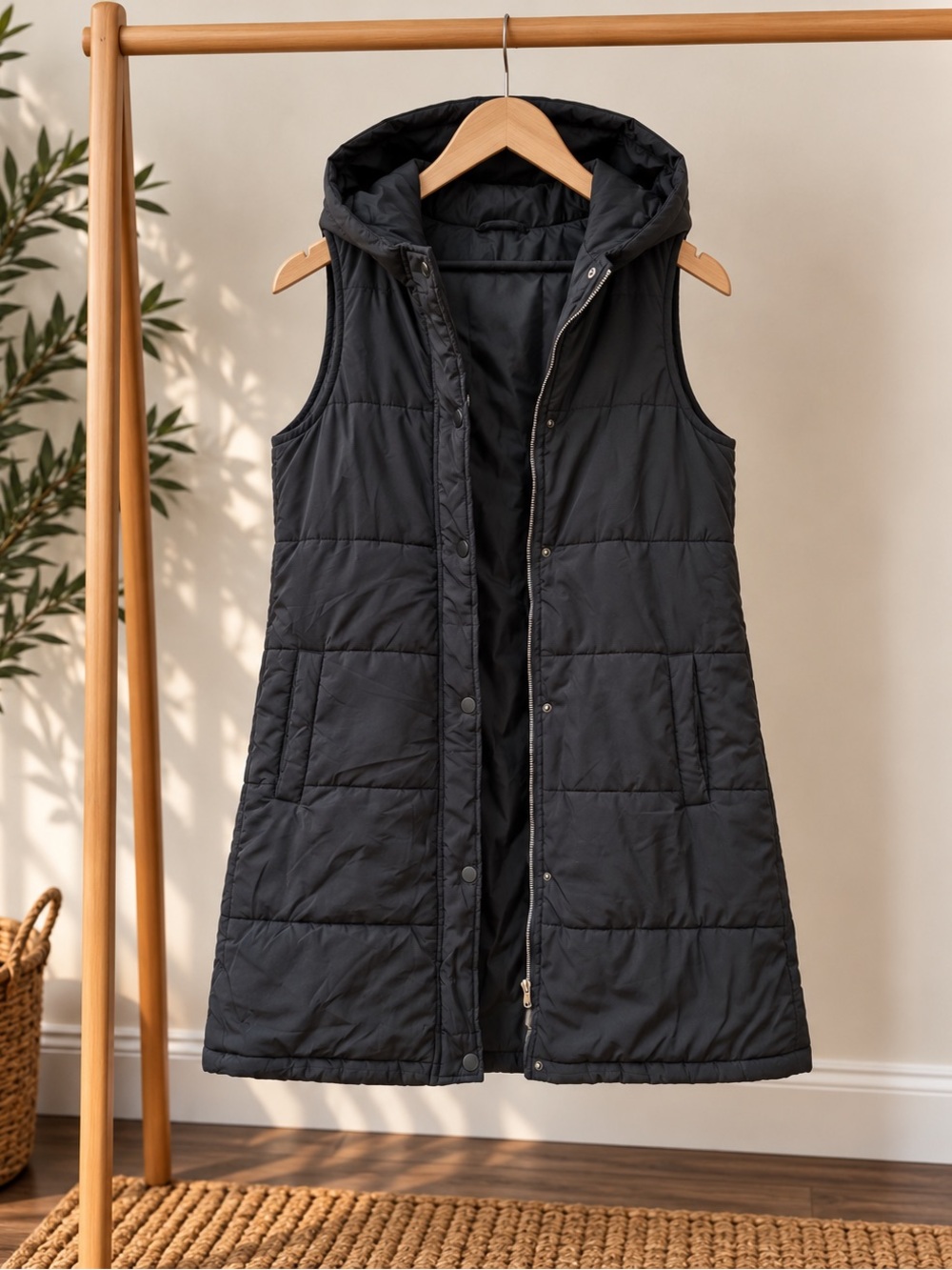 Sleeveless Hooded Puffer Vest - Black